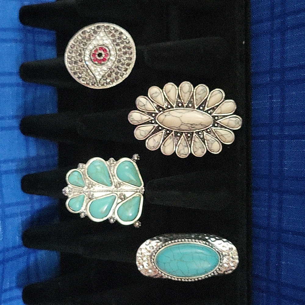 Touquise faux with silver metal Long ring - Picture 1 of 4
